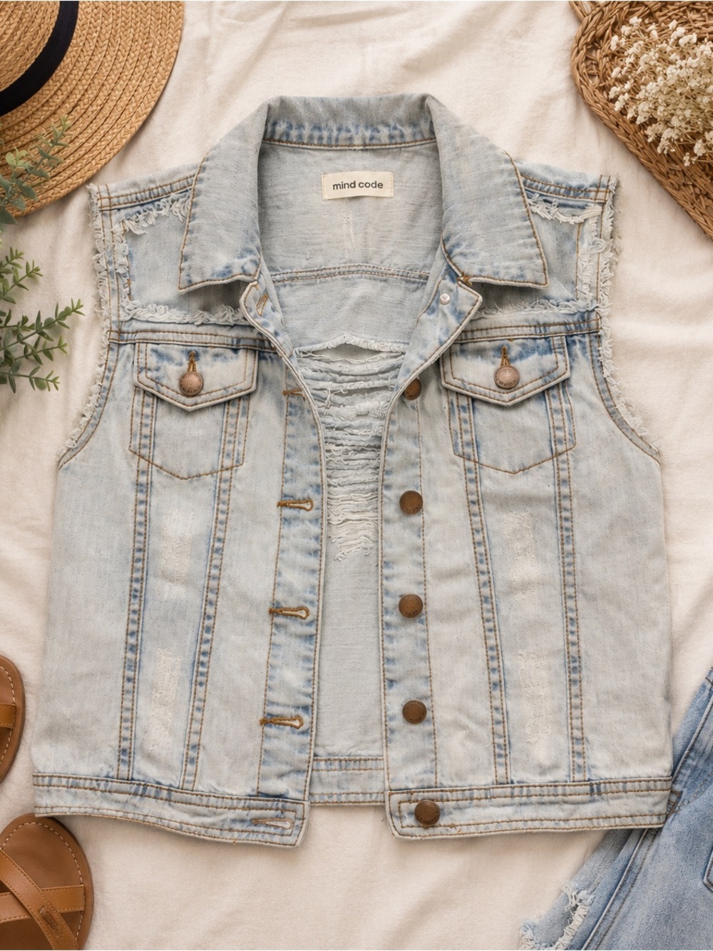 Mind Code Light Wash Denim Vest - Pale Blue